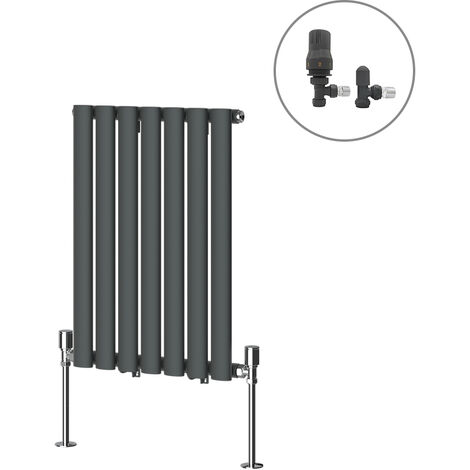 Designer Oval Column Radiator Central Heating Rad Anthracite with Angled Thermostatic Valves Horizontal Single 600x413mm