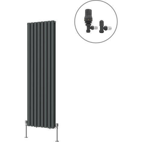 Designer Oval Column Radiator Central Heating Rad Anthracite with Angled Thermostatic Valves Vertical Double 1600x472mm