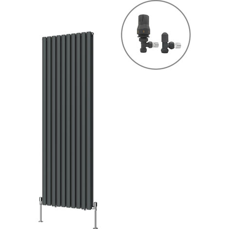 Designer Oval Column Radiator Central Heating Rad Anthracite with Angled Thermostatic Valves Vertical Double 1800x590mm