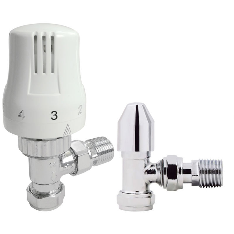 Designer Radiator 15mm Thermostatic Manual White & Chrome Angled Valve Pack