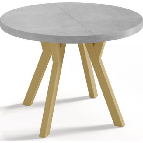 Designer Runder Ausziehbarer Esstisch - Loft-Stil, Platzsparend - Goldene Beine - 100 bis 150 cm - für 6-8 Personen - Hergestellt in EU - Beton Grau - 150 cm