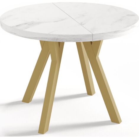 Designer Runder Ausziehbarer Esstisch - Loft-Stil, Platzsparend - Goldene Beine - 100 bis 200 cm - für 6-8 Personen - Hergestellt in EU - Marmor Weiß - 200 cm