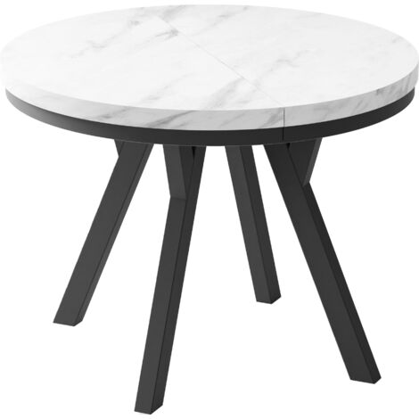 Designer Runder Ausziehbarer Esstisch - Loft-Stil, Platzsparend - Schwarze Beine - 100 bis 150 cm - für 5-8 Personen - Hergestellt in EU - Marmor Weiß - 150 cm
