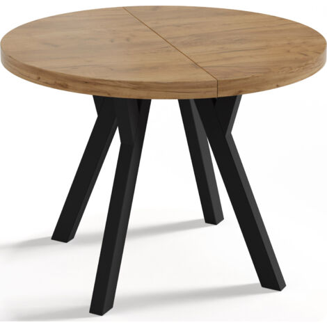 Designer Runder Ausziehbarer Esstisch - Loft-Stil, Platzsparend - Schwarze Beine - 100 bis 150 cm - für 5-8 Personen - Hergestellt in EU - Wotan Eiche - 150 cm
