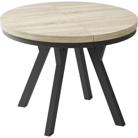 Designer Runder Ausziehbarer Esstisch - Loft-Stil, Platzsparend - Schwarze Beine - 100 bis 150cm - für 5-8 Personen - Hergestellt in EU - Sonoma Eiche - 150 cm