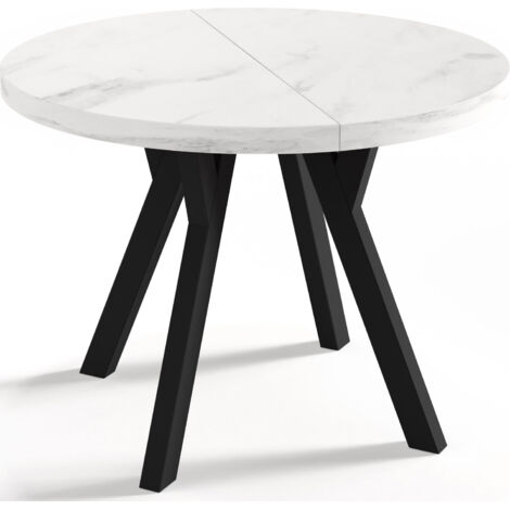 Designer Runder Ausziehbarer Esstisch - Loft-Stil, Platzsparend - Schwarze Beine - 100 bis 200 cm - für 5-10 Personen - Hergestellt in EU - Marmor Weiß - 200 cm