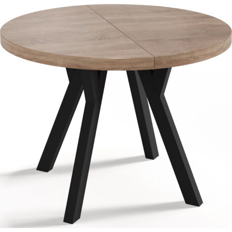 Designer Runder Ausziehbarer Esstisch - Loft-Stil, Platzsparend - Schwarze Beine - 90 bis 170 cm - für 4-8 Personen - Hergestellt in EU - Sonoma Eiche - 170 cm