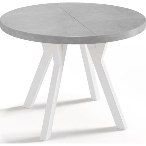 Designer Runder Ausziehbarer Esstisch - Loft-Stil, Platzsparend - Weiße Beine - 100 bis 150 cm - für 5-8 Personen - Hergestellt in EU - Beton Grau - 150 cm