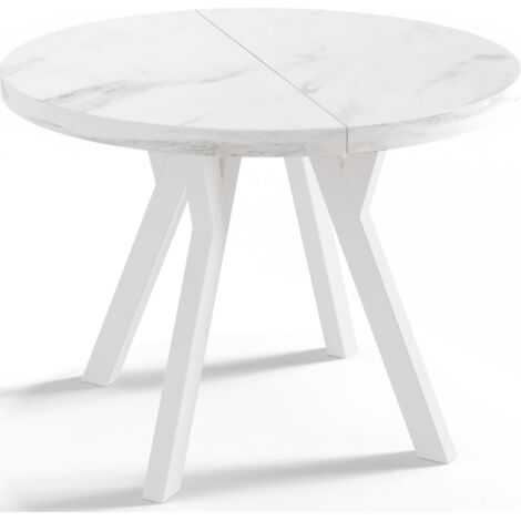 Designer Runder Ausziehbarer Esstisch - Loft-Stil, Platzsparend - Weiße Beine - 90 bis 170 cm - für 4-8 Personen - Hergestellt in EU - Marmor Weiß - 170 cm