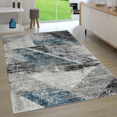 Designer Teppich Wohnzimmer Geometrisches Muster Leinwand Optik Meliert Blau Grau Anthrazit Kurzflor,80x150 cm