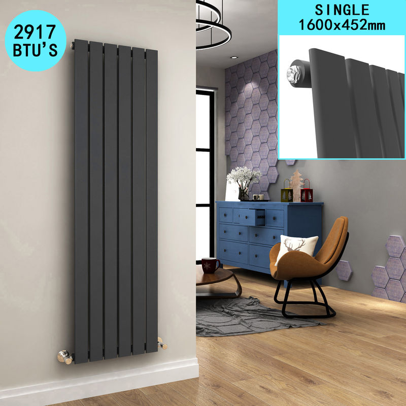 Radiator Designer Vertical Column Anthracite Single Flat Panel Rad 1600 x 452mm - Elegant