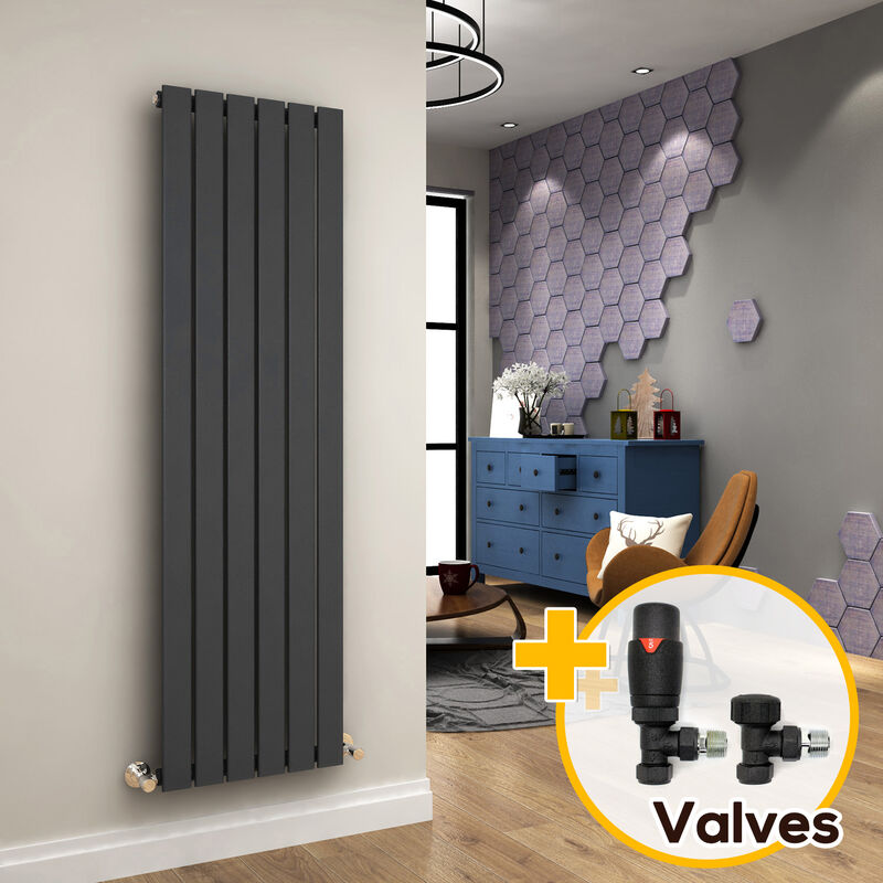 Designer Vertical Column Radiator Anthracite Single Flat Panel 1600 x 452mm + Thermostatic Radiator Valves - Elegant