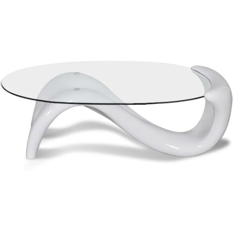 Designetsamaison – Table basse fixe blanche 125x70cm – Verre trempé 1cm – Courbures design – Pour salon moderne