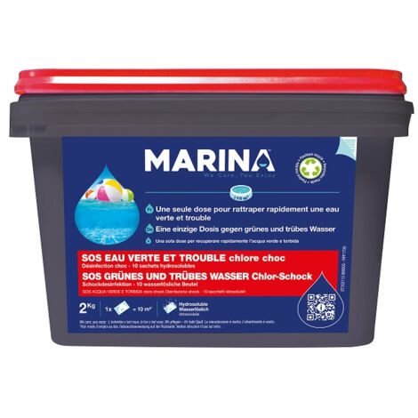 Désinfectant chloré de piscine sachets hydrosolubles 2kg – Double action désinfectante et clarifiante – Pour 10 m³ d'eau – Marina