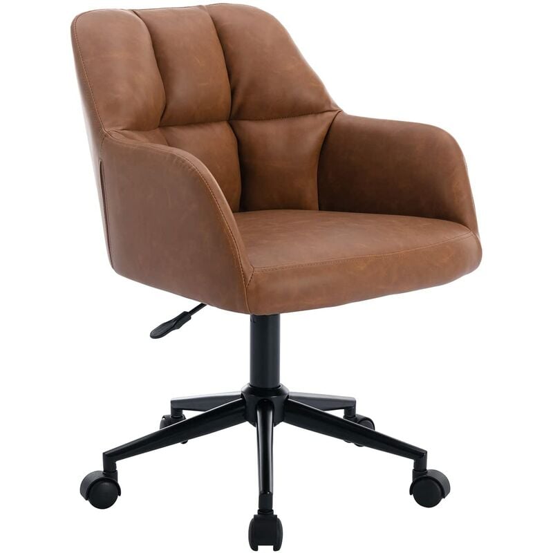 Modern Office Chair in Leather Desk Chair with Arms Swivel Computer Chair Upholstered Task Chair with Wheels for Home Office Living Room, Brown