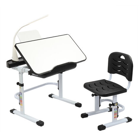 Desk chair set multifunctional children's study table chair with adjustable height non-slip study table with LED light Black - Black