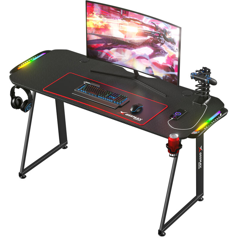 

Mesa Gaming para Ordenador + LED Luz + Soporte para Auriculares + Alfombrilla de Ratón 69 * 80 * 13cm, Rojo
