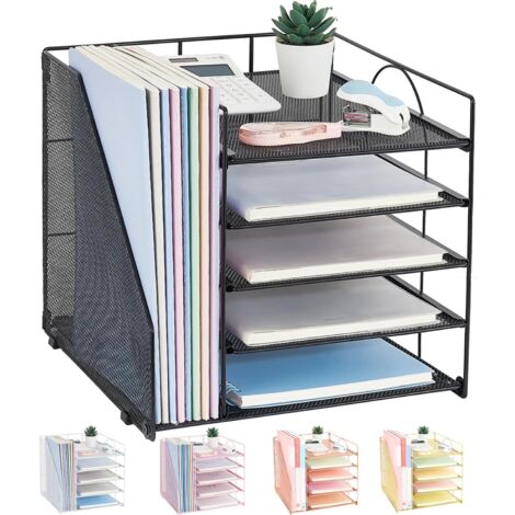 Desk Organizers and Accessories, 5-Tier Paper Letter Tray Organizer with File Holder, Desktop Organizer for Office Supplies (Black)