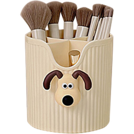 Desk Pencil Pen Holder 4 Compartments Large Capacity Cute School Supplies Makeup Brush Organizer Milky Yellow Dog Head
