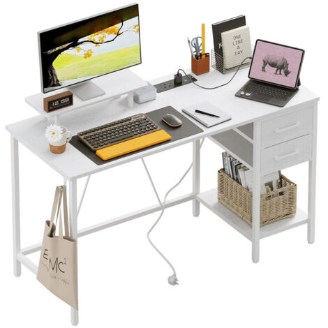 Desk with Drawers and Power Outlets, Reversible Office Desk with Storage Monitor Stand, Small Computer Desk for Home Office & Bedroom