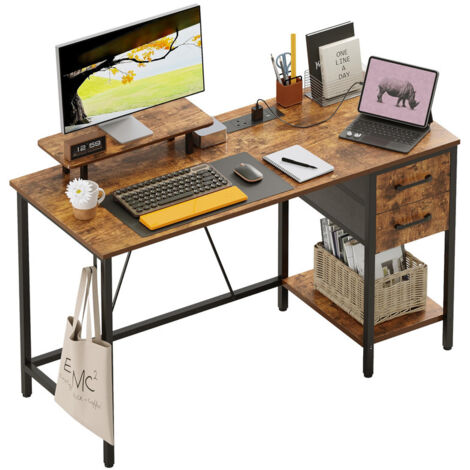 Desk with Drawers and Power Outlets, Reversible Office Desk with Storage Monitor Stand, Small Computer Desk for Home Office & Bedroom