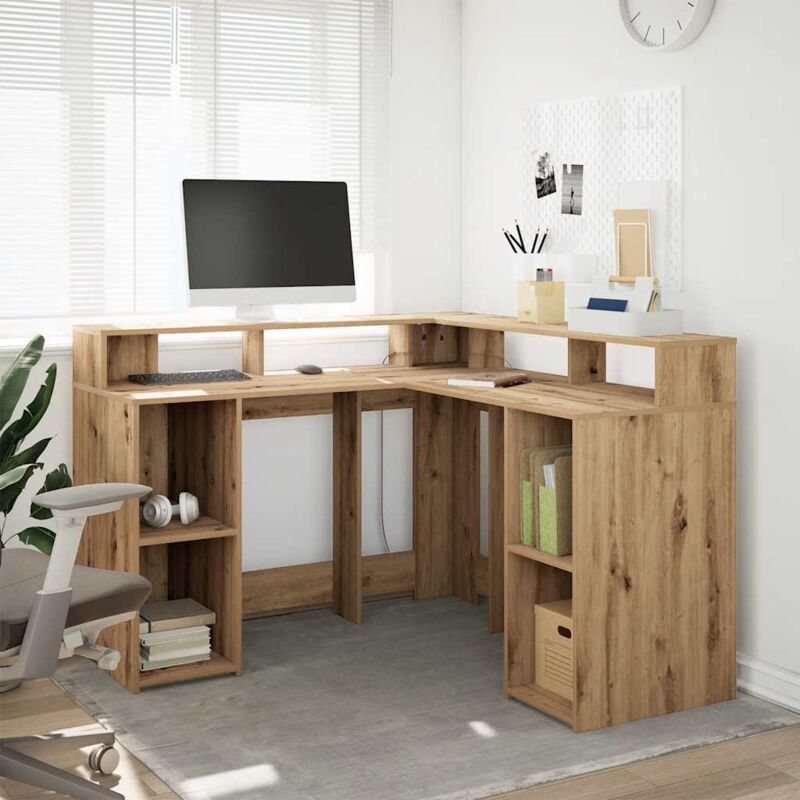 Vidaxl - Desk With Led Lights Artisian Oak 130x130x91 Cm Engineered Wood