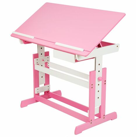Desk - wooden, tiltable tabletop, 7 step height adjustable, with drawer - childrens desk, kids desk, girls desk - pink