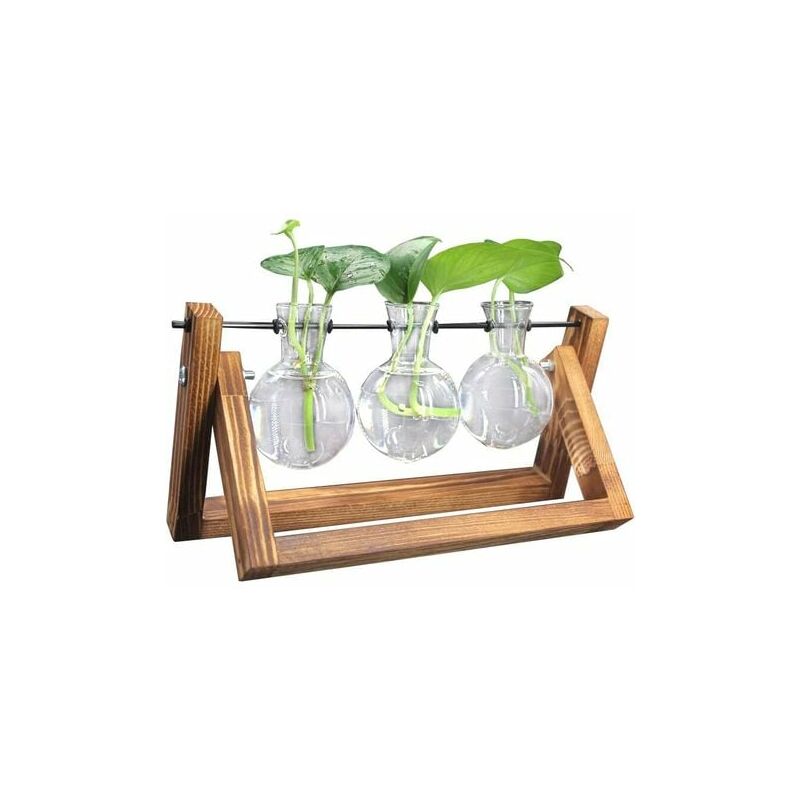 Desktop Clear Glass Planter Bulb Vase with Retro Solid Wooden Stand, Decorative Plant Terrarium for Hydroponics Plants Home Garden Wedding Decor (3