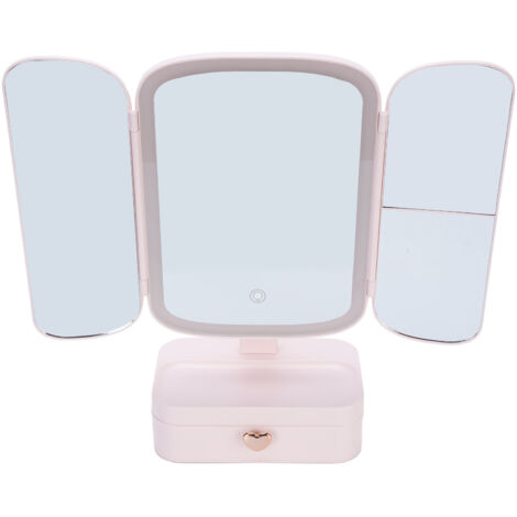 Desktop Lighted Makeup Mirror with Organizer 3 Color Temperature Dimming USB Rechargeable LED Light Folding Beauty Mirror for Bedroom