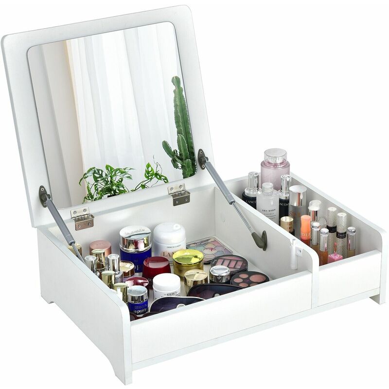 Desktop Makeup Organizer Modern Simple Cosmetic Storage Box w/ Flip-Top Mirror