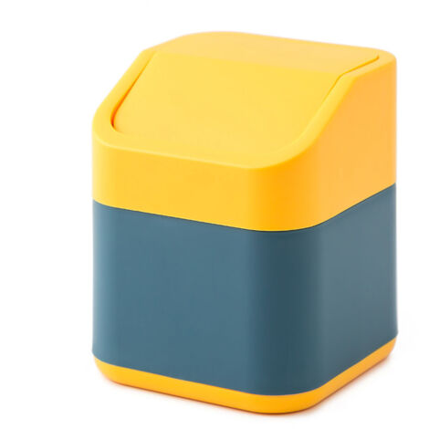 Desktop Trash Can Cute Drop Resistant Portable Tiny Desktop Garbage Bin with Detachable Lid for Car and Home Flip [Yellow Navy]