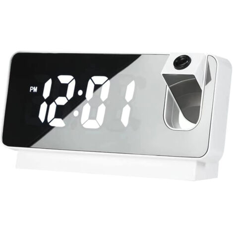 Despertador con espejo y proyección de 180° [Plástico, 18,6 x 9,4 cm, Negro/Blanco] Doble alarma, puerto USB, fuente de alimentación de emergencia, indicador de temperatura y humedad