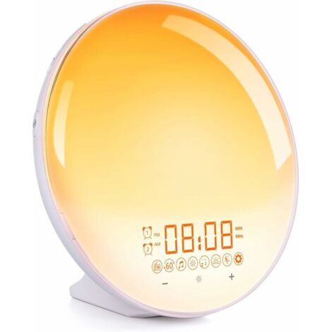 Despertador con luz, radio despertador matutino con efectos de luz, sensor de brillo de 20 niveles, función táctil, fototerapia con despertador, despertador, sonido natural, función de repetición