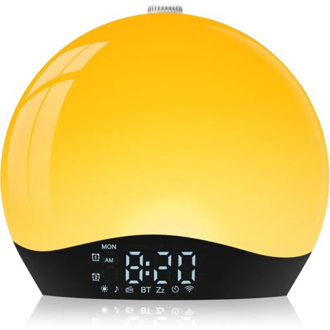 Despertador con simulador de amanecer y altavoz Bluetooth, lámpara LED multicolor de noche, radio, 22 sonidos de la naturaleza, 2 alarmas, 20 niveles de brillo, función de repetición, temporizador (am