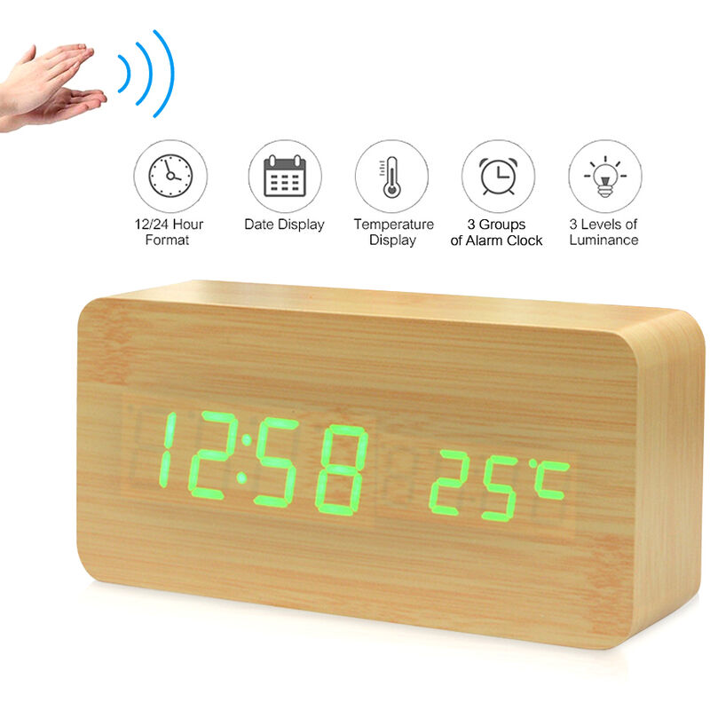 

Despertador de madera digital LED electronico, hora / temperatura / reloj de escritorio con visualizacion de fecha,Madera natural, LED verde