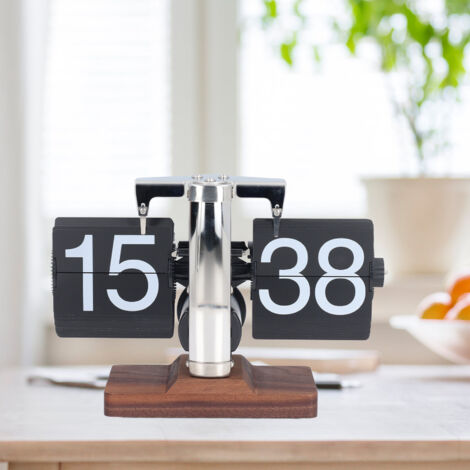 Despertador de mesa retro automático con mecanismo plegable, base de madera negra, acero inoxidable 304, revestimiento de PVC, dimensiones 20,5 x 13 cm.