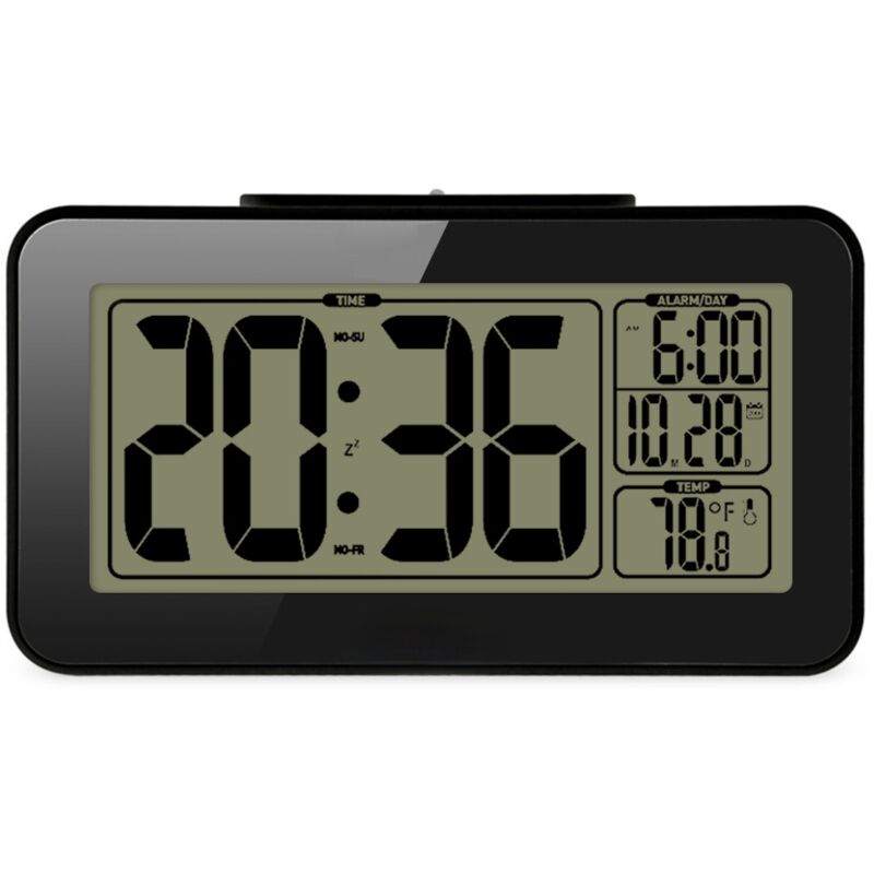 

Despertador de viaje - Reloj digital con pantalla LCD grande, retroiluminación azul, calendario, pantalla de repetición y temperatura, negro