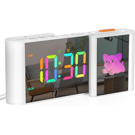 Despertador digital con diseño de perrito, despertador de noche con alarma dual, 11 dígitos de color, 10 colores de dibujos animados, semana, regulable, volumen, blanco para dormitorio