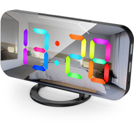 Despertador digital con espejo, iluminación LED RGB dinámica, función de repetición de alarma, puerto de carga USB y visualización de hora en formato de 12/24 horas.