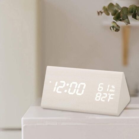 Despertador digital de madera con LED, 6 relojes de escritorio con brillo ajustable, hora, humedad y temperatura para dormitorio, oficina y sala de estar (blanco)