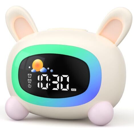 Despertador educativo para niños con luz nocturna, sonidos, 2 alarmas, modo fin de semana, recargable - Entrenador de sueño con diseño de conejo