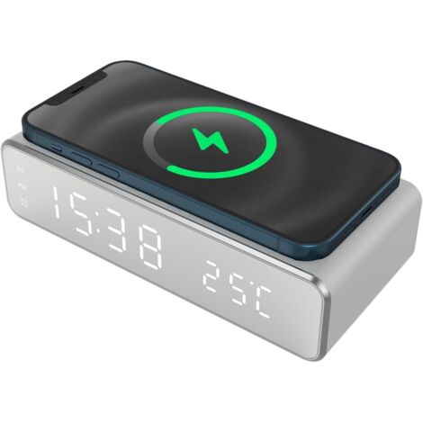 Despertador LED con carga inalámbrica - Reloj digital con ajuste de brillo y función de alarma compatible con iPhone, Samsung, Huawei, color negro