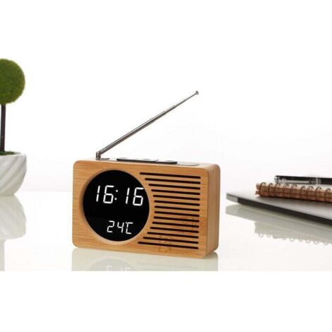 Despertador retro de madera con radio y despertador, silencioso, regalo creativo, reloj electrónico de 16,5 x 4,5 x 9 cm, espejo de bambú auténtico, luz blanca.