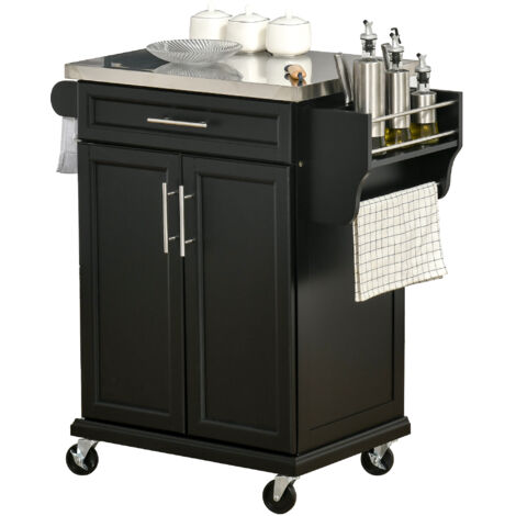 Dessert cuisine desserte à roulettes îlot central, plateau inox, étagère réglable, tiroir, porte-épices/couteaux, 83,5x45,7x90,5cm, noir