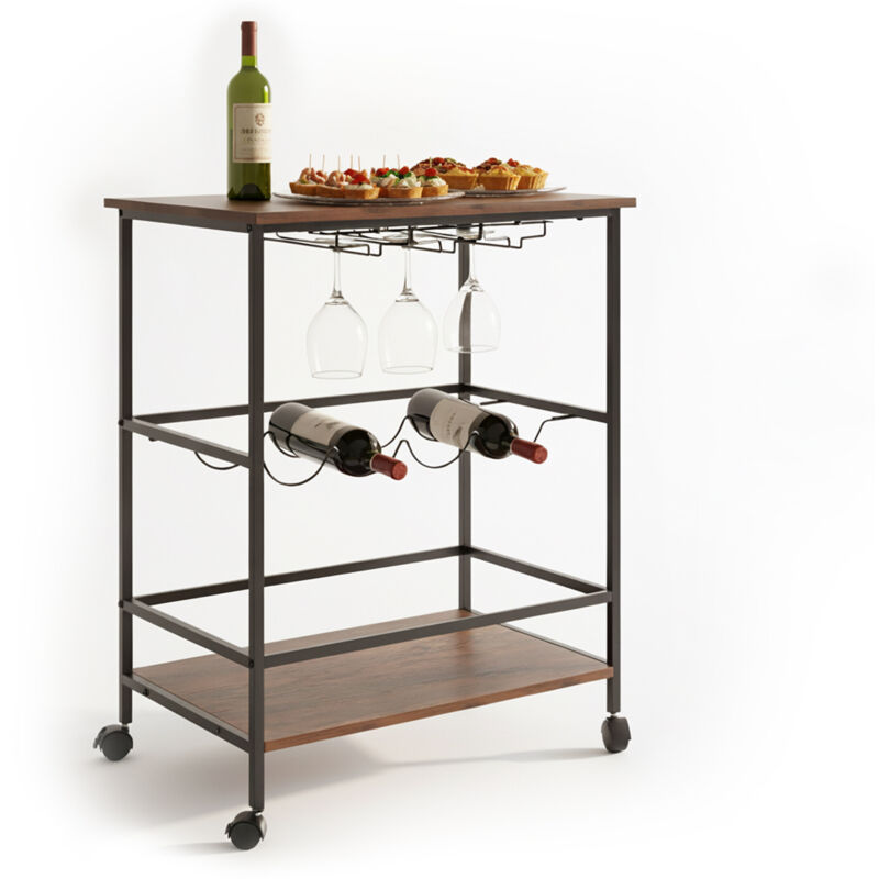 Chariot de bar Relaxdays, 2 niveaux, porte-bouteilles et porte-verres, HxLxP:82x60x45 cm, brun/noir