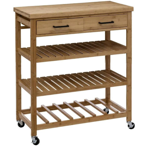Five Simply Smart – Desserte de cuisine 3 niveaux en bambou naturel – Dimensions L. 74,5 x l. 38 x H. 90 cm – Avec rack pour 8 bouteilles et 2 tiroirs