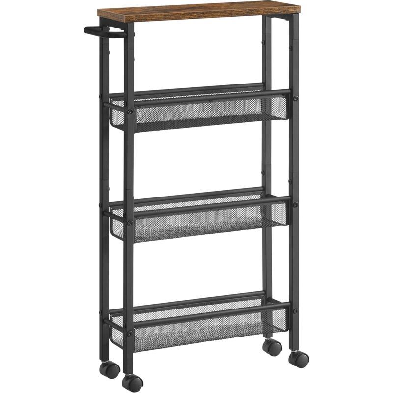 Vasagle - Desserte 4 Niveaux, Étagère de Cuisine Fin avec roulettes, Desserte Mobile, Cadre en Acier, Poignée, Petit Espace, Cuisine, Salle de Bain,