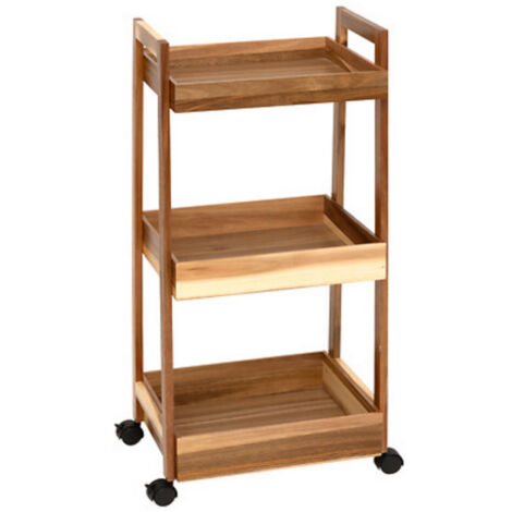 Desserte à roues 3 niveaux en bois d'acacia - Longueur 40 x largeur 30,5 x Hauteur 84,5 cm