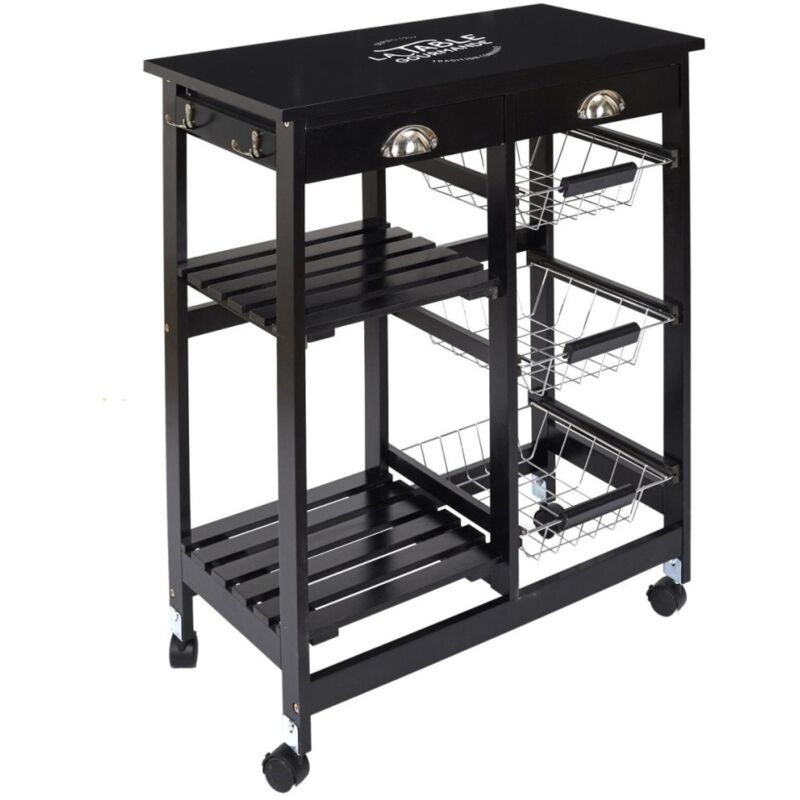 The Home Deco Factory - Desserte à roulettes noire 3 paniers et 2 étagères