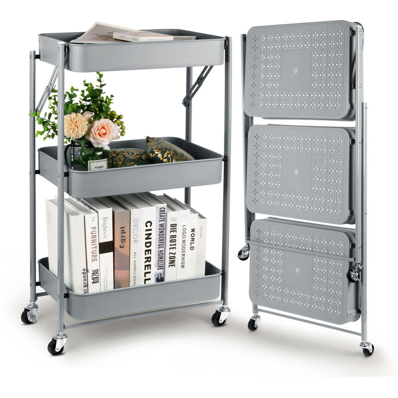 Todeco - Desserte à roulettes Pliante, Chariot Mobile à 3 Niveaux, Chariot de Cuisine, Pas d'assemblage, 46 x 29 x 78 cm, pour Cuisine, Bureau, Salle